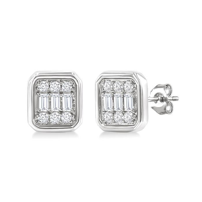 1/5 Ctw Petite Bezel Set Emerald Shape Fusion Baguette and Round Cut Diamond Fashion Stud Earrings in 10K White Gold