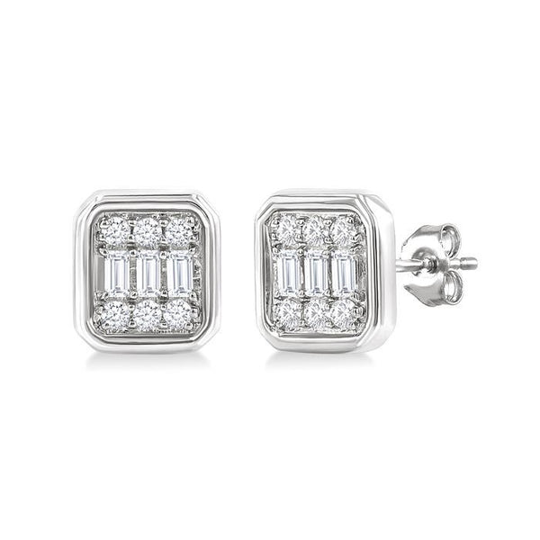 1/5 Ctw Petite Bezel Set Emerald Shape Fusion Baguette and Round Cut Diamond Fashion Stud Earrings in 10K White Gold