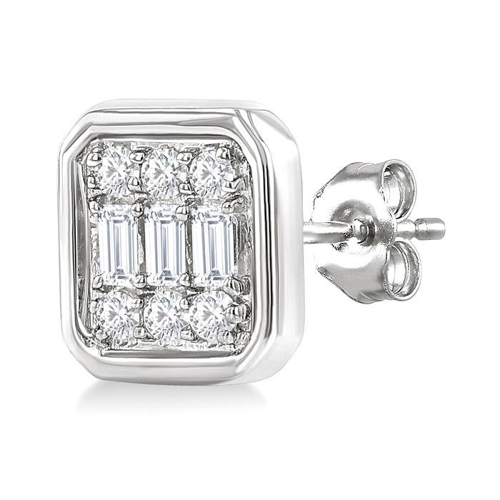 1/5 Ctw Petite Bezel Set Emerald Shape Fusion Baguette and Round Cut Diamond Fashion Stud Earrings in 10K White Gold