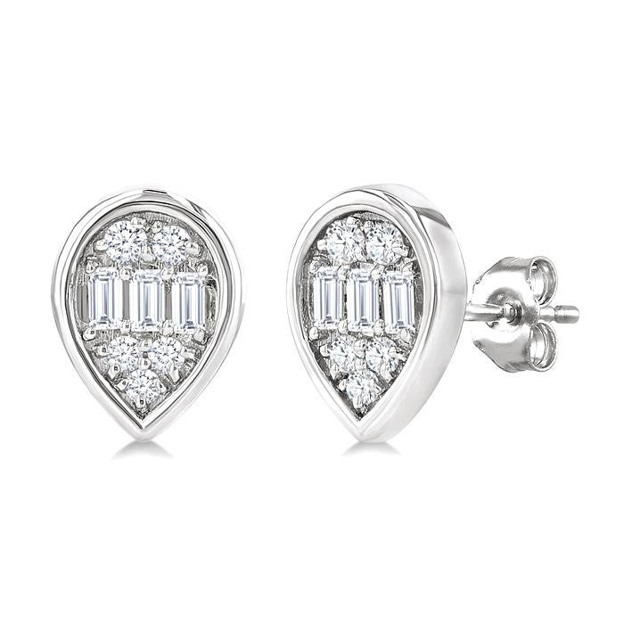 1/5 Ctw Petite Bezel Set Pear Shape Fusion Baguette and Round Cut Diamond Fashion Stud Earrings in 10K White Gold