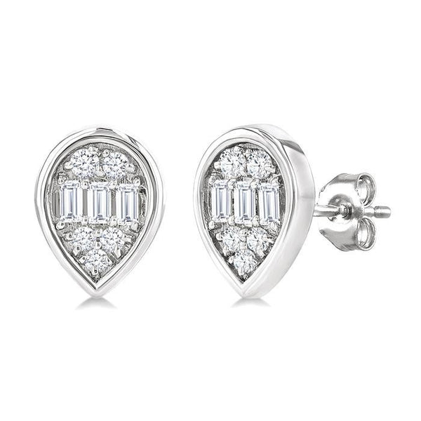 1/5 Ctw Petite Bezel Set Pear Shape Fusion Baguette and Round Cut Diamond Fashion Stud Earrings in 10K White Gold