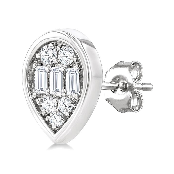 1/5 Ctw Petite Bezel Set Pear Shape Fusion Baguette and Round Cut Diamond Fashion Stud Earrings in 10K White Gold