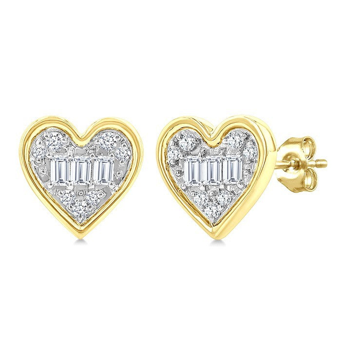 1/5 Ctw Petite Bezel Set Heart Shape Fusion Baguette and Round Cut Diamond Fashion Stud Earrings in 10K Yellow Gold