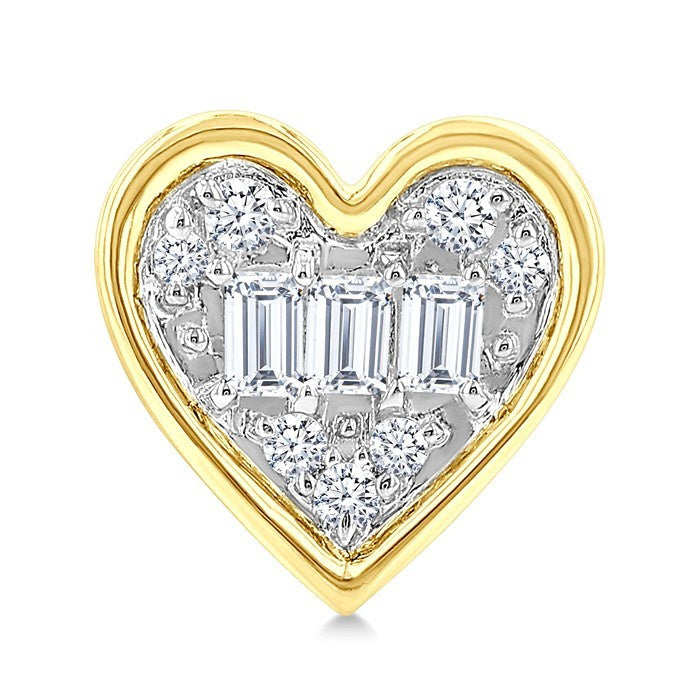1/5 Ctw Petite Bezel Set Heart Shape Fusion Baguette and Round Cut Diamond Fashion Stud Earrings in 10K Yellow Gold