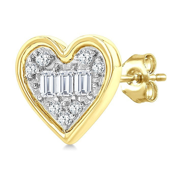 1/5 Ctw Petite Bezel Set Heart Shape Fusion Baguette and Round Cut Diamond Fashion Stud Earrings in 10K Yellow Gold