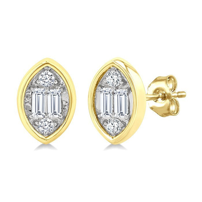 1/5 Ctw Petite Bezel Set Marquise Shape Fusion Baguette and Round Cut Diamond Fashion Stud Earrings in 10K Yellow Gold