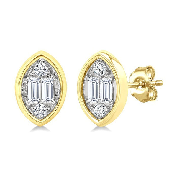 1/5 Ctw Petite Bezel Set Marquise Shape Fusion Baguette and Round Cut Diamond Fashion Stud Earrings in 10K Yellow Gold