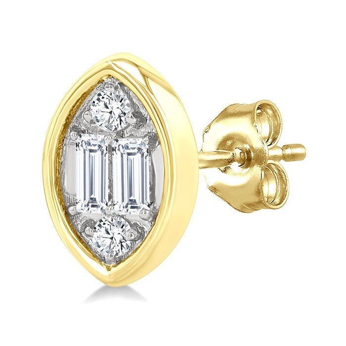 1/5 Ctw Petite Bezel Set Marquise Shape Fusion Baguette and Round Cut Diamond Fashion Stud Earrings in 10K Yellow Gold