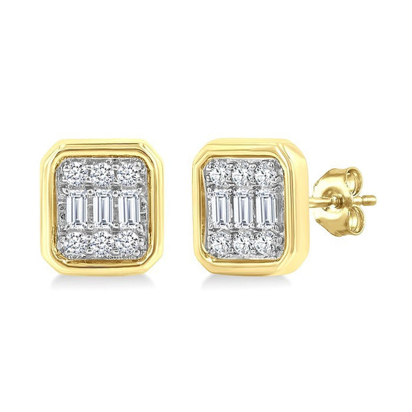 1/5 Ctw Petite Bezel Set Emerald Shape Fusion Baguette and Round Cut Diamond Fashion Stud Earrings in 10K Yellow Gold