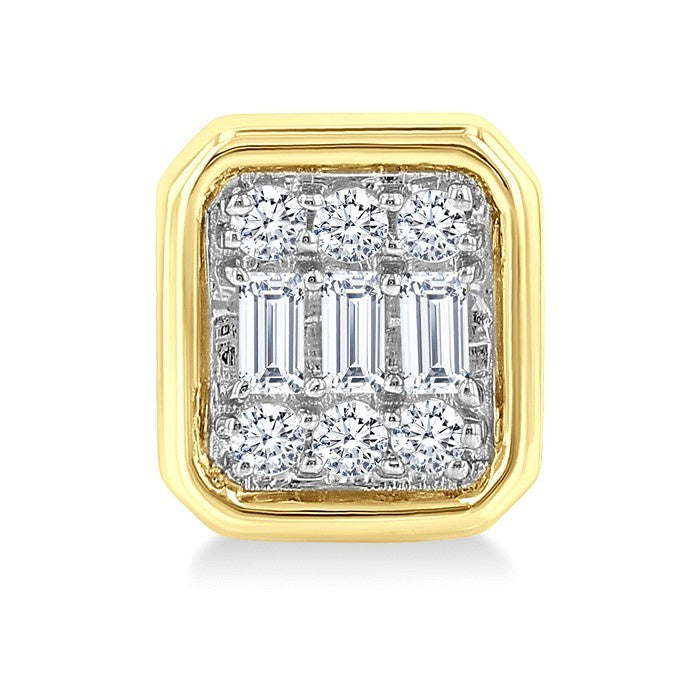 1/5 Ctw Petite Bezel Set Emerald Shape Fusion Baguette and Round Cut Diamond Fashion Stud Earrings in 10K Yellow Gold