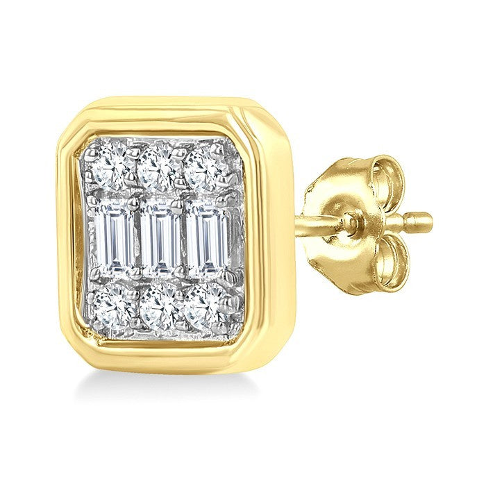 1/5 Ctw Petite Bezel Set Emerald Shape Fusion Baguette and Round Cut Diamond Fashion Stud Earrings in 10K Yellow Gold