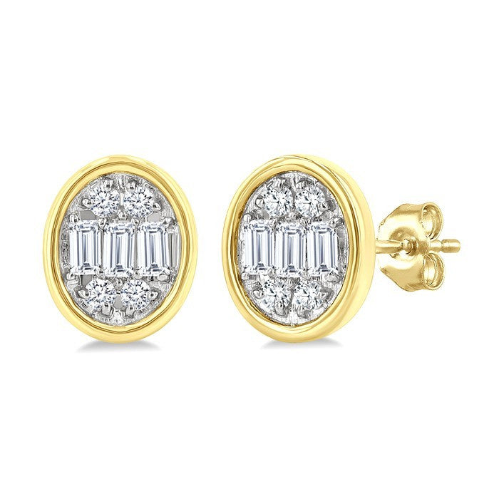 1/5 Ctw Petite Bezel Set Oval Shape Fusion Baguette and Round Cut Diamond Fashion Stud Earrings in 10K Yellow Gold