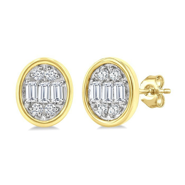 1/5 Ctw Petite Bezel Set Oval Shape Fusion Baguette and Round Cut Diamond Fashion Stud Earrings in 10K Yellow Gold