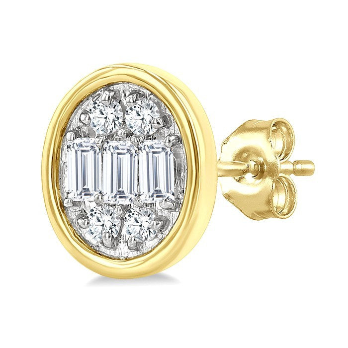 1/5 Ctw Petite Bezel Set Oval Shape Fusion Baguette and Round Cut Diamond Fashion Stud Earrings in 10K Yellow Gold