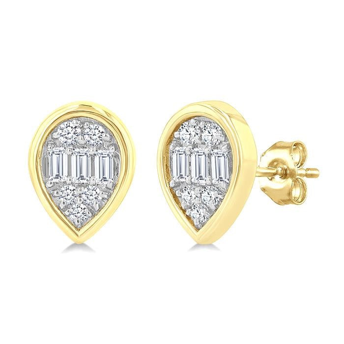 1/5 Ctw Petite Bezel Set Pear Shape Fusion Baguette and Round Cut Diamond Fashion Stud Earrings in 10K Yellow Gold