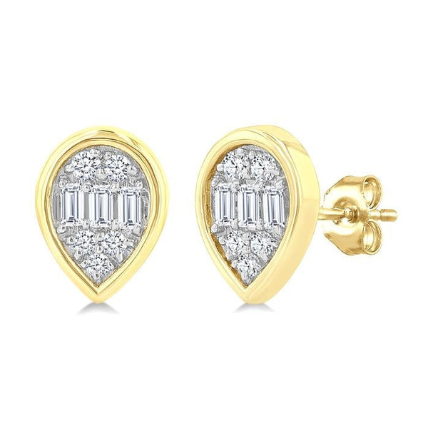 1/5 Ctw Petite Bezel Set Pear Shape Fusion Baguette and Round Cut Diamond Fashion Stud Earrings in 10K Yellow Gold