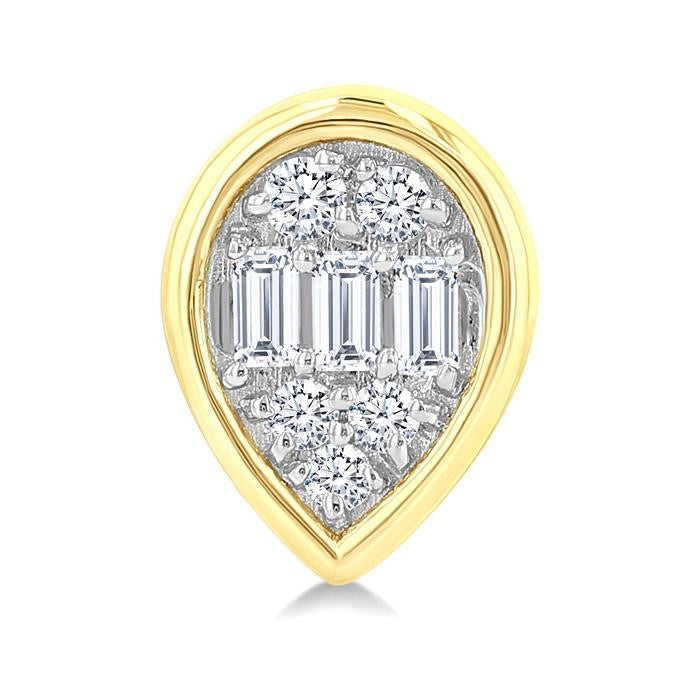 1/5 Ctw Petite Bezel Set Pear Shape Fusion Baguette and Round Cut Diamond Fashion Stud Earrings in 10K Yellow Gold