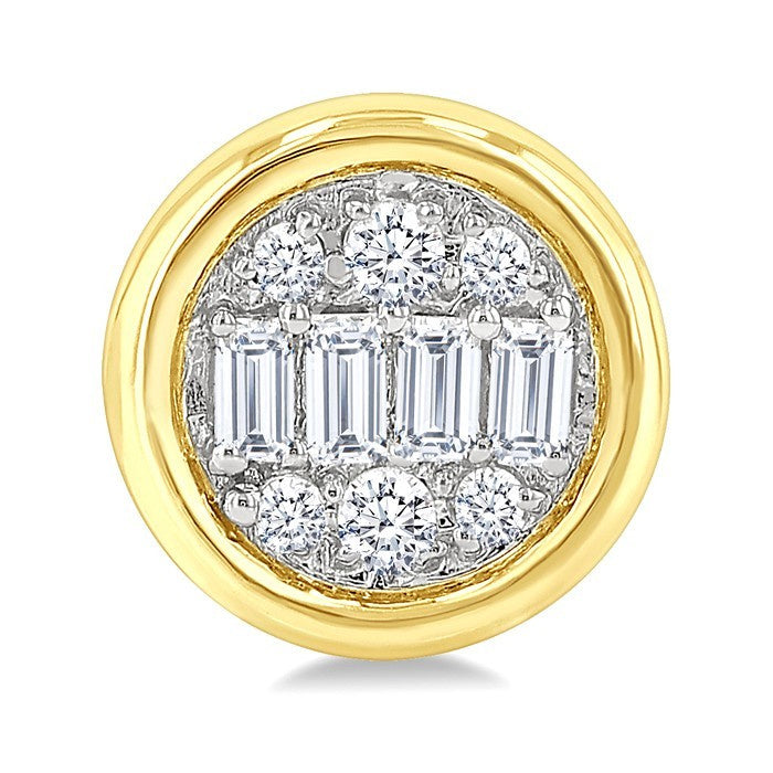 1/5 Ctw Petite Bezel Set Round Shape Fusion Baguette and Round Cut Diamond Fashion Stud Earrings in 10K Yellow Gold