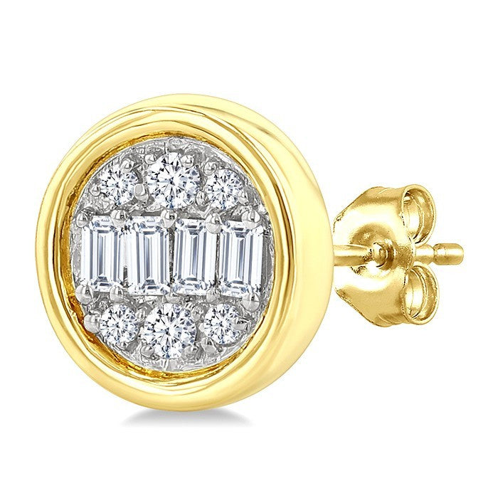 1/5 Ctw Petite Bezel Set Round Shape Fusion Baguette and Round Cut Diamond Fashion Stud Earrings in 10K Yellow Gold