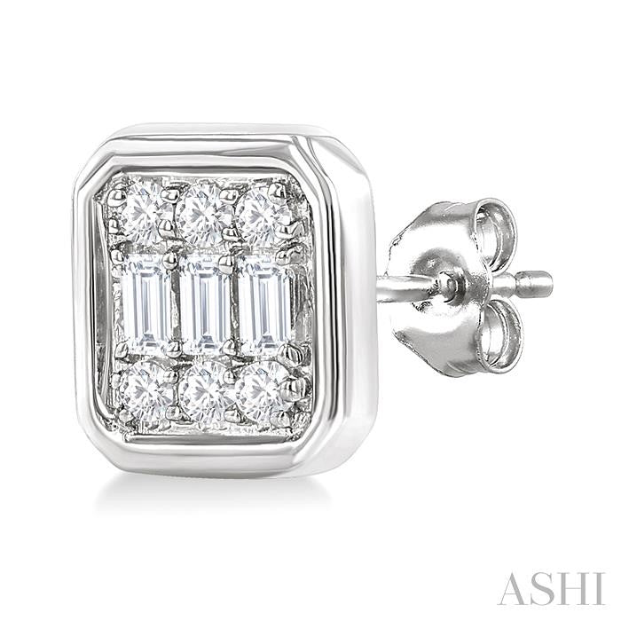 1/5 Ctw Petite Bezel Set Emerald Shape Fusion Baguette and Round Cut Diamond Fashion Stud Earrings in 10K White Gold