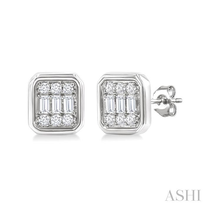 1/5 Ctw Petite Bezel Set Emerald Shape Fusion Baguette and Round Cut Diamond Fashion Stud Earrings in 10K White Gold