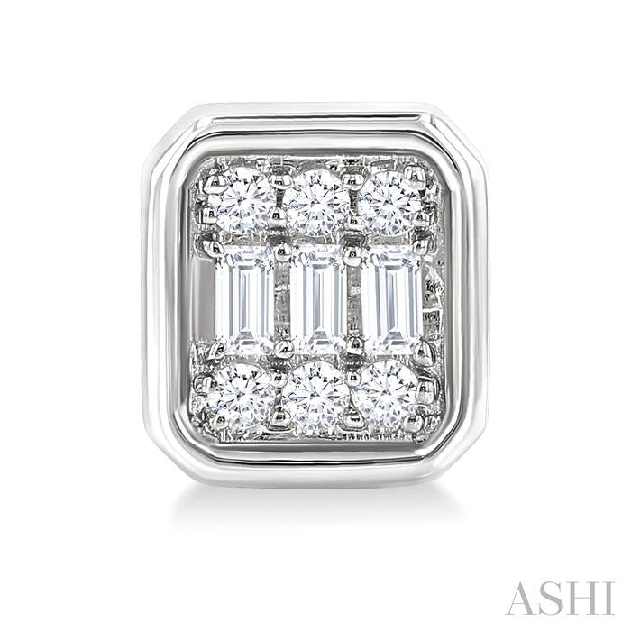 1/5 Ctw Petite Bezel Set Emerald Shape Fusion Baguette and Round Cut Diamond Fashion Stud Earrings in 10K White Gold