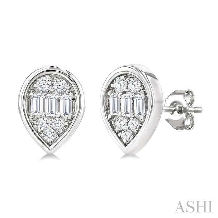 1/5 Ctw Petite Bezel Set Pear Shape Fusion Baguette and Round Cut Diamond Fashion Stud Earrings in 10K White Gold