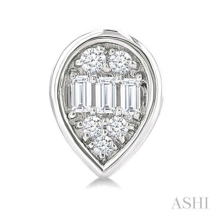 1/5 Ctw Petite Bezel Set Pear Shape Fusion Baguette and Round Cut Diamond Fashion Stud Earrings in 10K White Gold