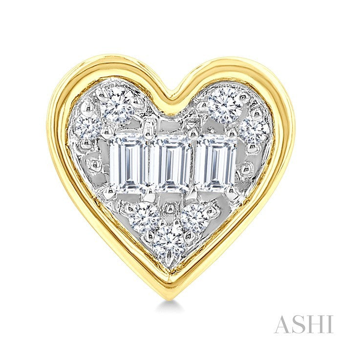 1/5 Ctw Petite Bezel Set Heart Shape Fusion Baguette and Round Cut Diamond Fashion Stud Earrings in 10K Yellow Gold