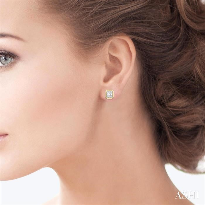 1/5 Ctw Petite Bezel Set Emerald Shape Fusion Baguette and Round Cut Diamond Fashion Stud Earrings in 10K Yellow Gold