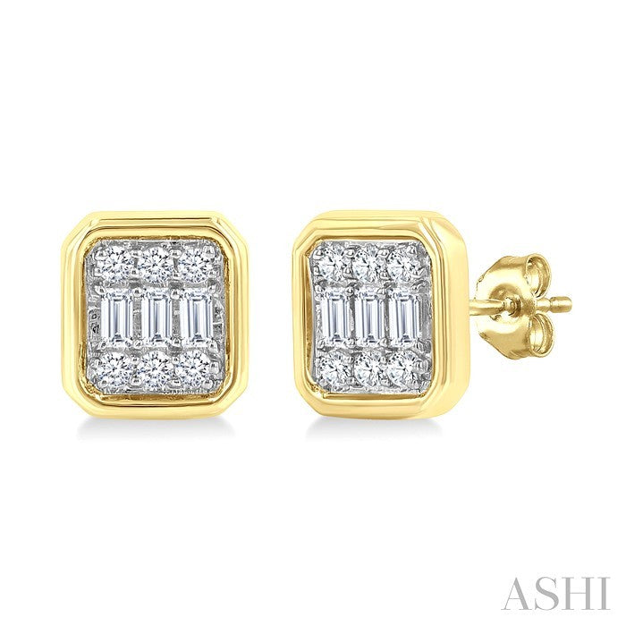 1/5 Ctw Petite Bezel Set Emerald Shape Fusion Baguette and Round Cut Diamond Fashion Stud Earrings in 10K Yellow Gold