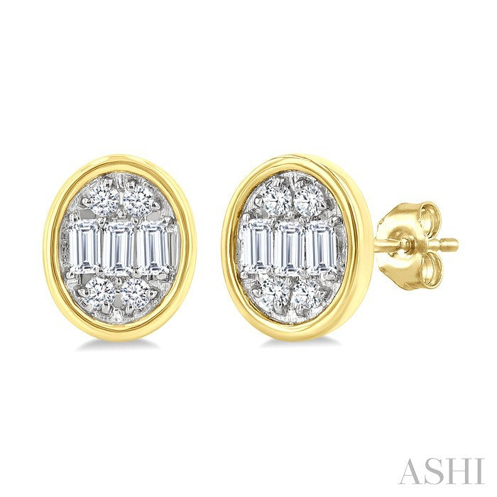 1/5 Ctw Petite Bezel Set Oval Shape Fusion Baguette and Round Cut Diamond Fashion Stud Earrings in 10K Yellow Gold