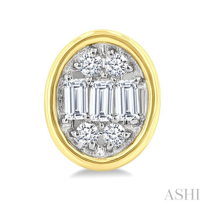 1/5 Ctw Petite Bezel Set Oval Shape Fusion Baguette and Round Cut Diamond Fashion Stud Earrings in 10K Yellow Gold