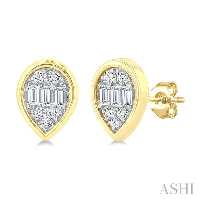 1/5 Ctw Petite Bezel Set Pear Shape Fusion Baguette and Round Cut Diamond Fashion Stud Earrings in 10K Yellow Gold