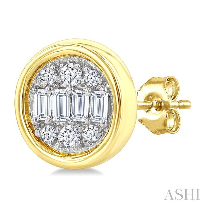 1/5 Ctw Petite Bezel Set Round Shape Fusion Baguette and Round Cut Diamond Fashion Stud Earrings in 10K Yellow Gold