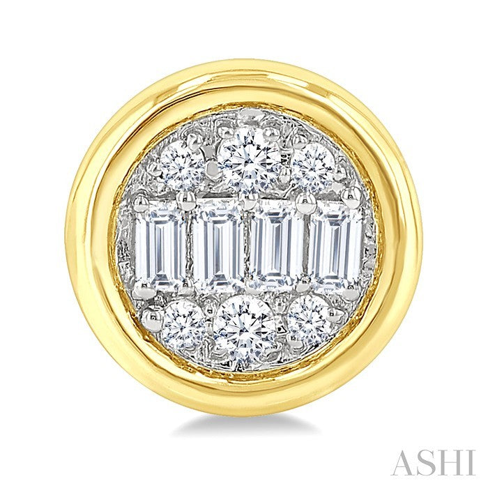1/5 Ctw Petite Bezel Set Round Shape Fusion Baguette and Round Cut Diamond Fashion Stud Earrings in 10K Yellow Gold