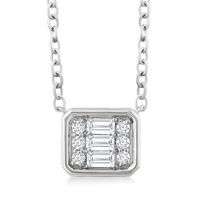 1/6 Ctw Petite Bezel Set East-West Emerald Shape Fusion Baguette and Round Cut Diamond Fashion Pendant With Chain in 10K White Gold