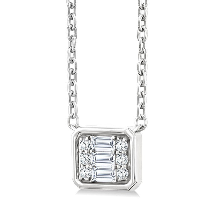 1/6 Ctw Petite Bezel Set East-West Emerald Shape Fusion Baguette and Round Cut Diamond Fashion Pendant With Chain in 10K White Gold