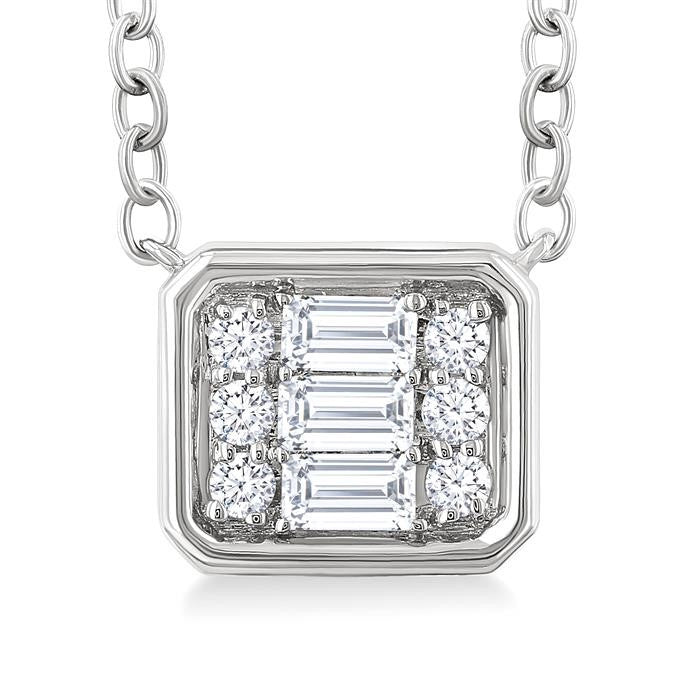 1/6 Ctw Petite Bezel Set East-West Emerald Shape Fusion Baguette and Round Cut Diamond Fashion Pendant With Chain in 10K White Gold