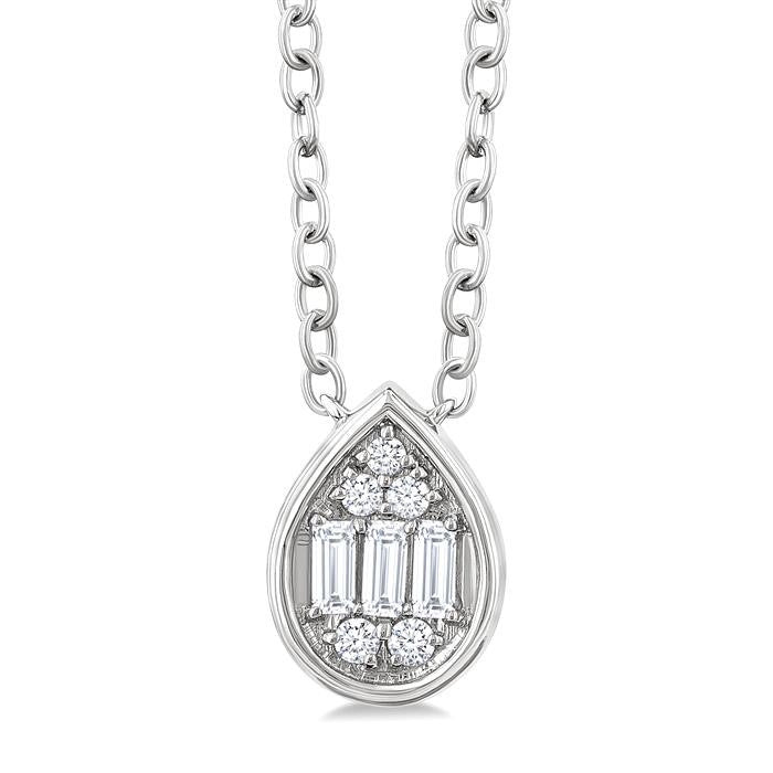1/6 Ctw Petite Bezel Set Pear Shape Fusion Baguette and Round Cut Diamond Fashion Pendant With Chain in 10K White Gold