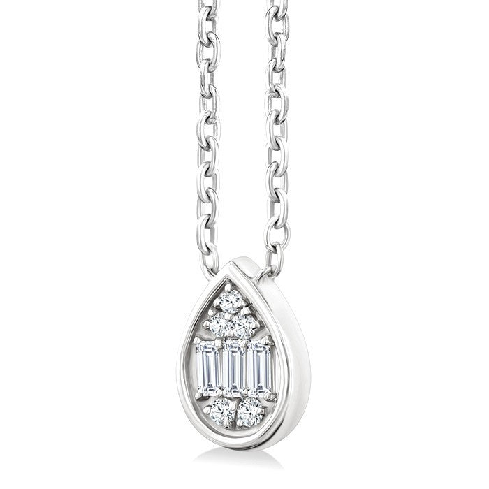 1/6 Ctw Petite Bezel Set Pear Shape Fusion Baguette and Round Cut Diamond Fashion Pendant With Chain in 10K White Gold