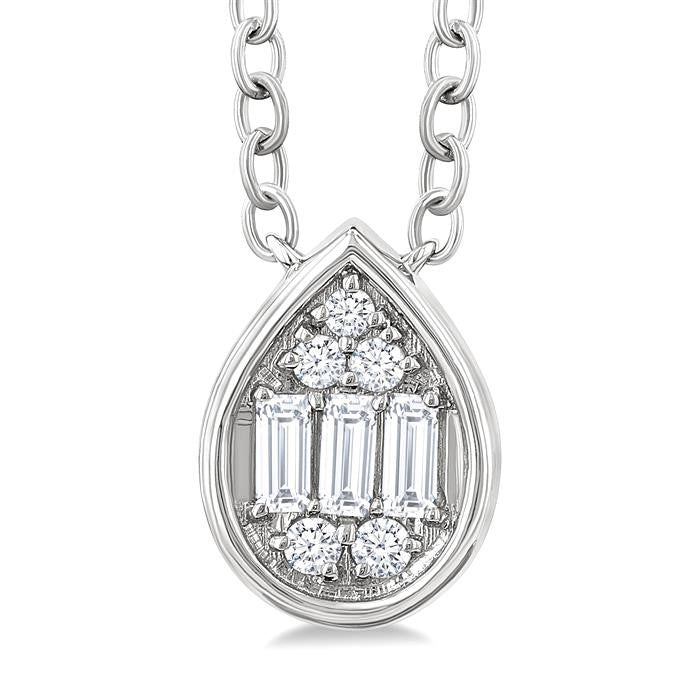 1/6 Ctw Petite Bezel Set Pear Shape Fusion Baguette and Round Cut Diamond Fashion Pendant With Chain in 10K White Gold