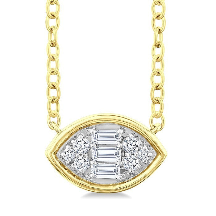 1/6 Ctw Petite Bezel Set East-West Marquise Shape Fusion Baguette and Round Cut Diamond Fashion Pendant With Chain in 10K Yellow Gold