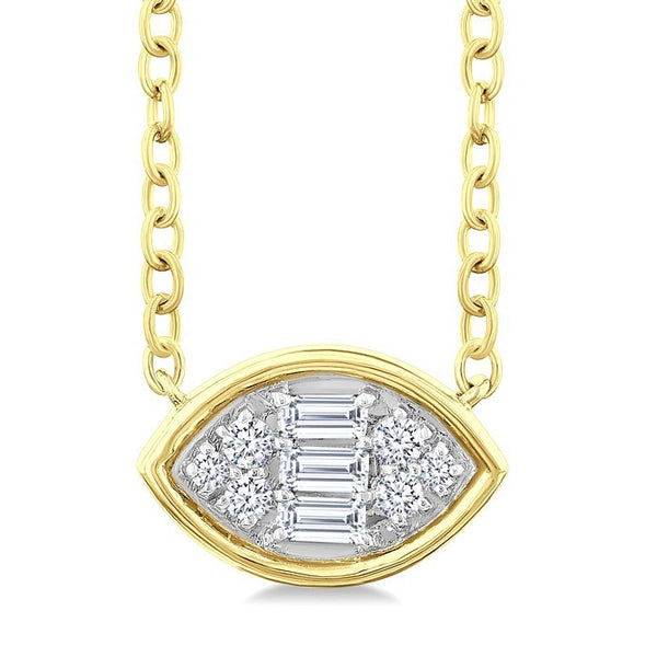 1/6 Ctw Petite Bezel Set East-West Marquise Shape Fusion Baguette and Round Cut Diamond Fashion Pendant With Chain in 10K Yellow Gold