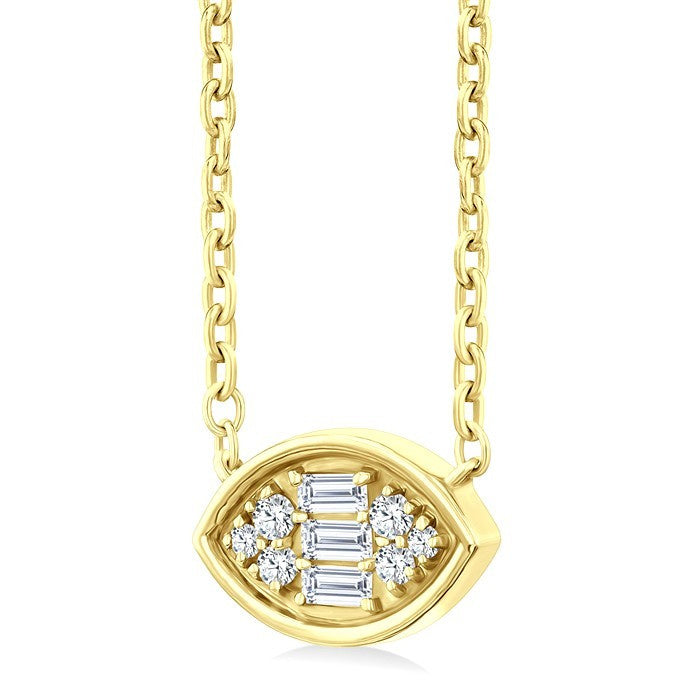 1/6 Ctw Petite Bezel Set East-West Marquise Shape Fusion Baguette and Round Cut Diamond Fashion Pendant With Chain in 10K Yellow Gold