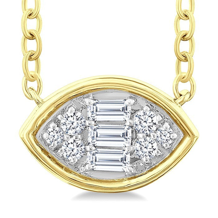 1/6 Ctw Petite Bezel Set East-West Marquise Shape Fusion Baguette and Round Cut Diamond Fashion Pendant With Chain in 10K Yellow Gold