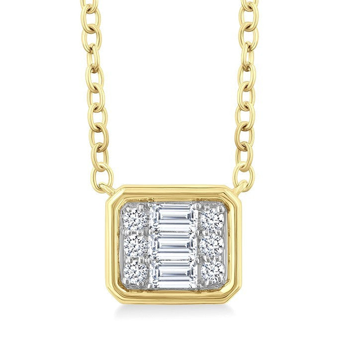 1/6 Ctw Petite Bezel Set East-West Emerald Shape Fusion Baguette and Round Cut Diamond Fashion Pendant With Chain in 10K Yellow Gold