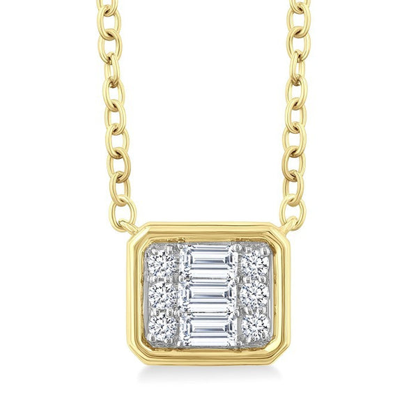 1/6 Ctw Petite Bezel Set East-West Emerald Shape Fusion Baguette and Round Cut Diamond Fashion Pendant With Chain in 10K Yellow Gold