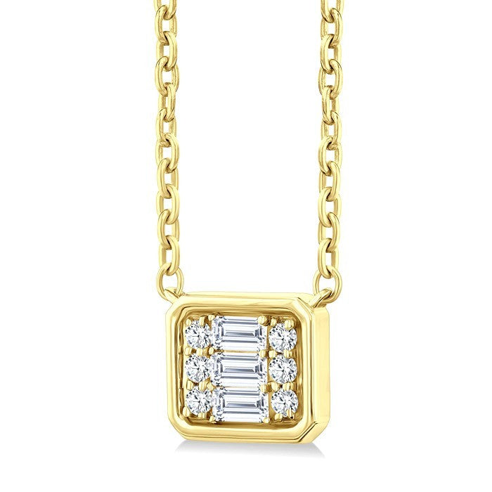 1/6 Ctw Petite Bezel Set East-West Emerald Shape Fusion Baguette and Round Cut Diamond Fashion Pendant With Chain in 10K Yellow Gold