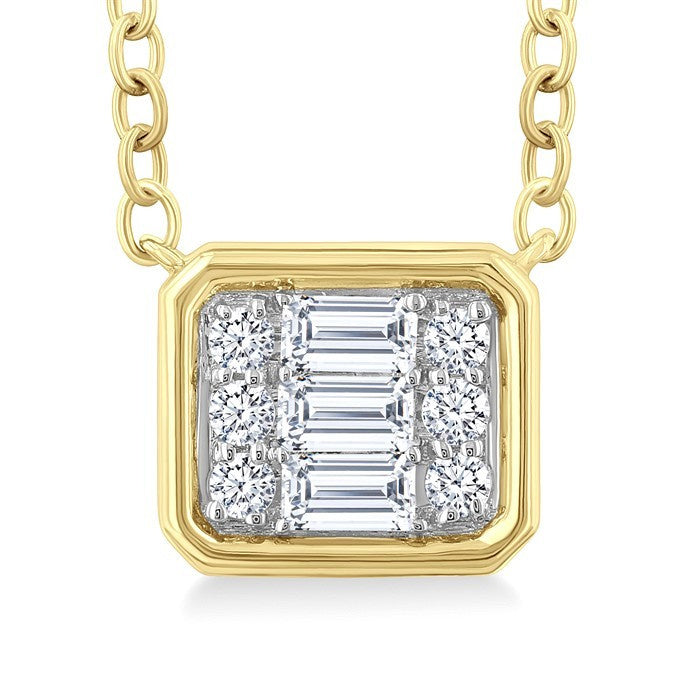 1/6 Ctw Petite Bezel Set East-West Emerald Shape Fusion Baguette and Round Cut Diamond Fashion Pendant With Chain in 10K Yellow Gold